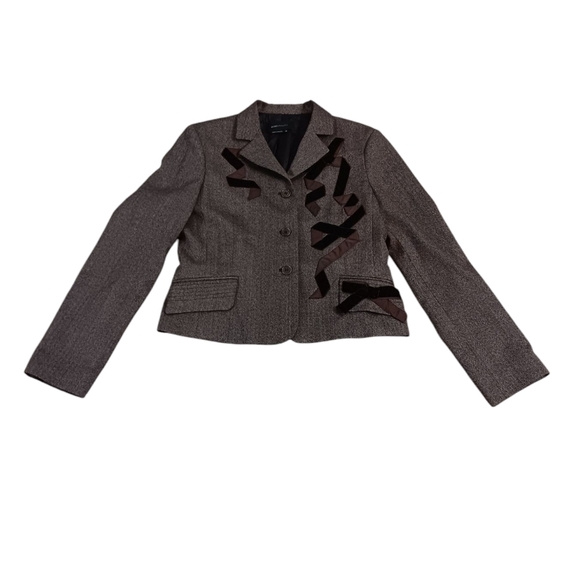 BCBGMaxazria Brown Wool Blend Clueless Preppy Velour Accent Ribbon Blazer Size M - Picture 1 of 7